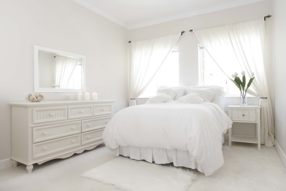 Example of a classic white floor bedroom design in Other with gray walls