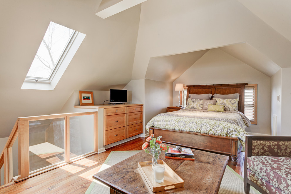 Traditional mezzanine loft bedroom in Columbus with beige walls, light hardwood flooring and no fireplace.
