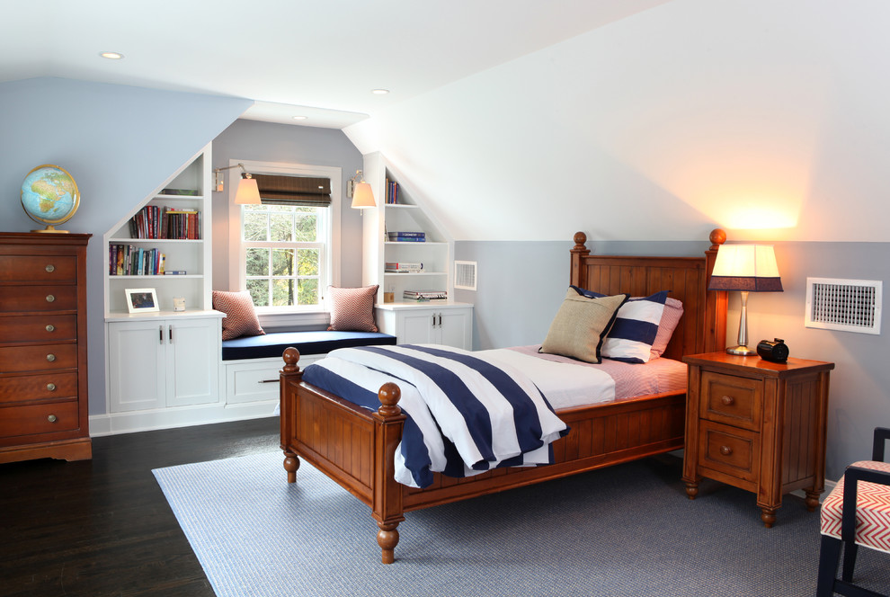 Bedroom - mid-sized traditional guest dark wood floor bedroom idea in Other with blue walls and no fireplace