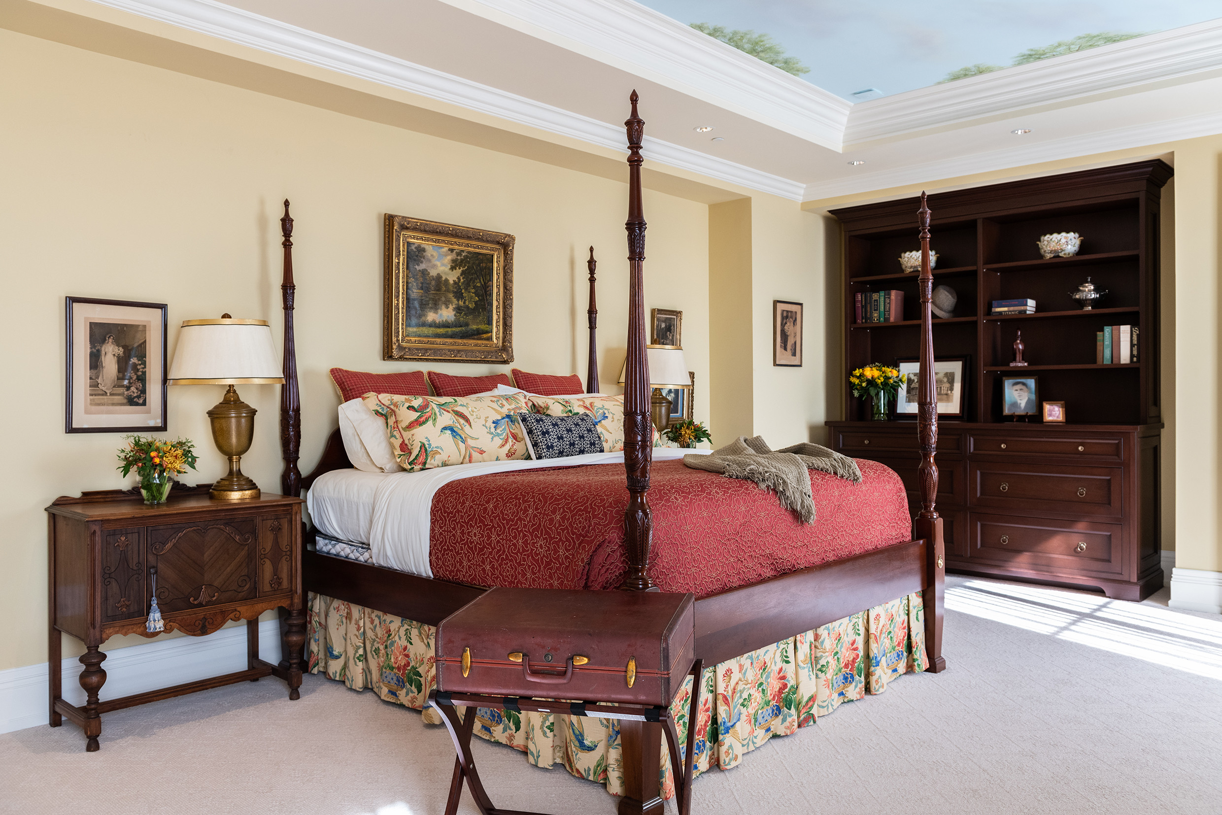 Master bedroom design , Blue pattern headboard and wall cladding behind  bedroom just look glamorous and luxurious! #masterbedroom…