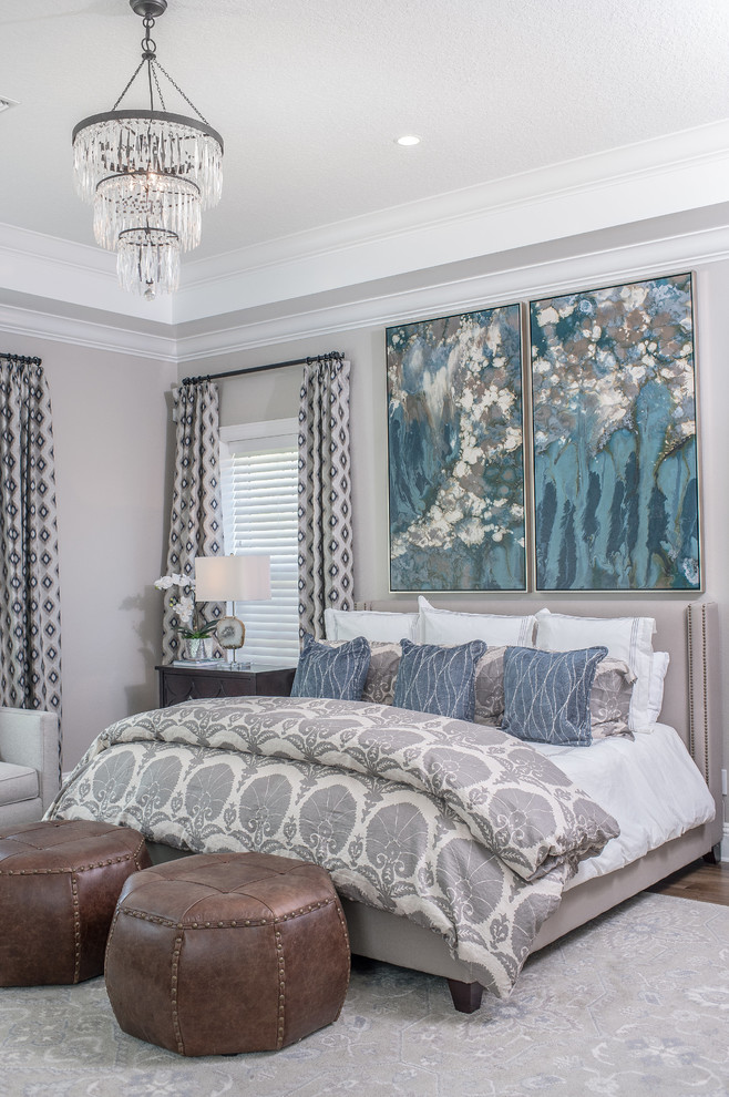 Photo of a medium sized traditional master bedroom in Orlando with grey walls, dark hardwood flooring, no fireplace and grey floors.