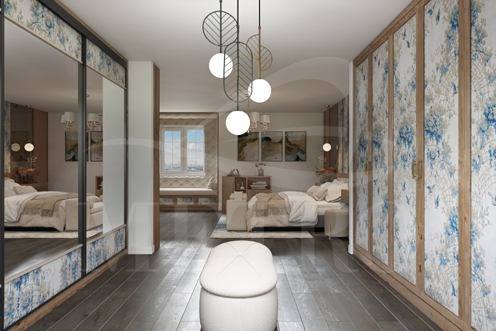 Großes Klassisches Hauptschlafzimmer mit Laminat, braunem Boden und Wandpaneelen in London