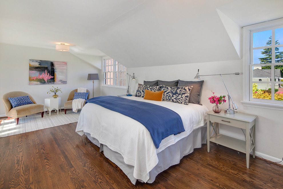 Bedroom - large coastal master dark wood floor bedroom idea in Seattle with white walls