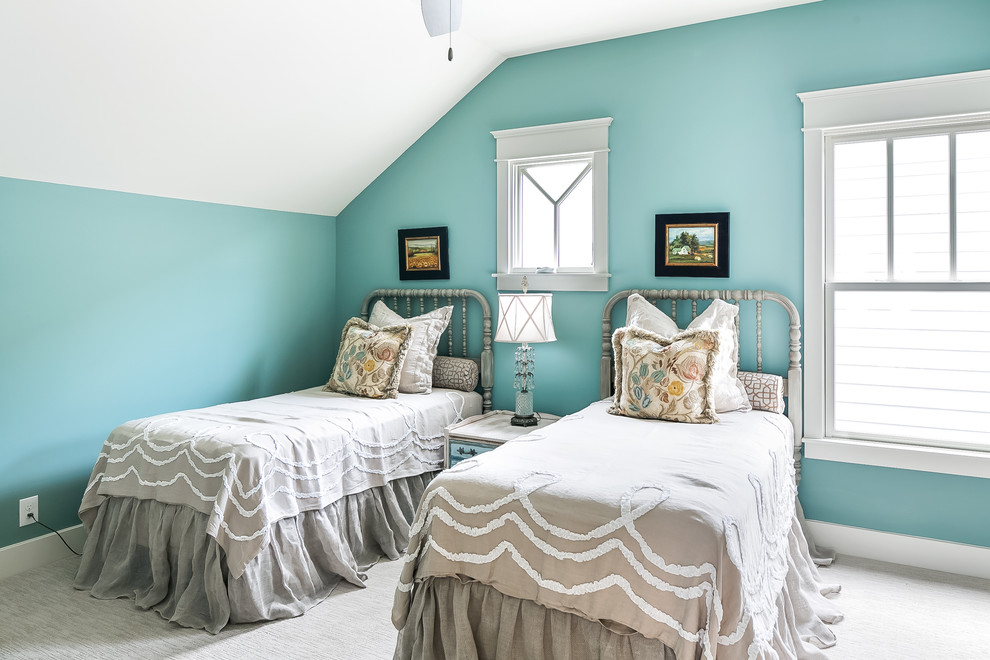 Example of a farmhouse guest carpeted bedroom design in Louisville with blue walls