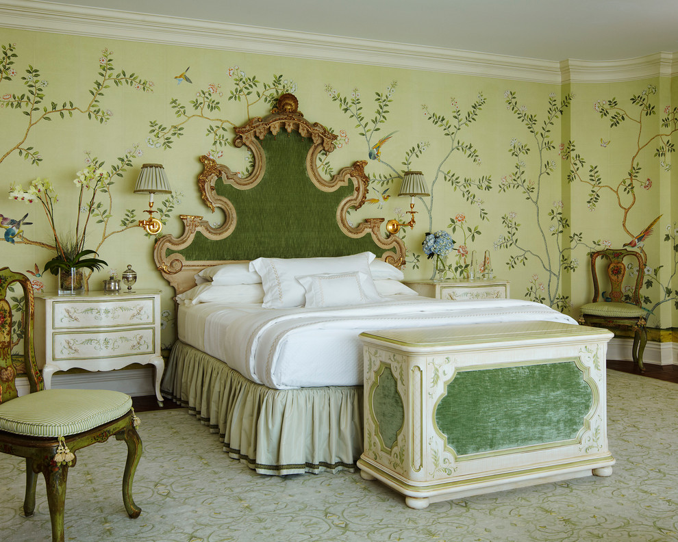 Example of a huge ornate master bedroom design in Miami with multicolored walls