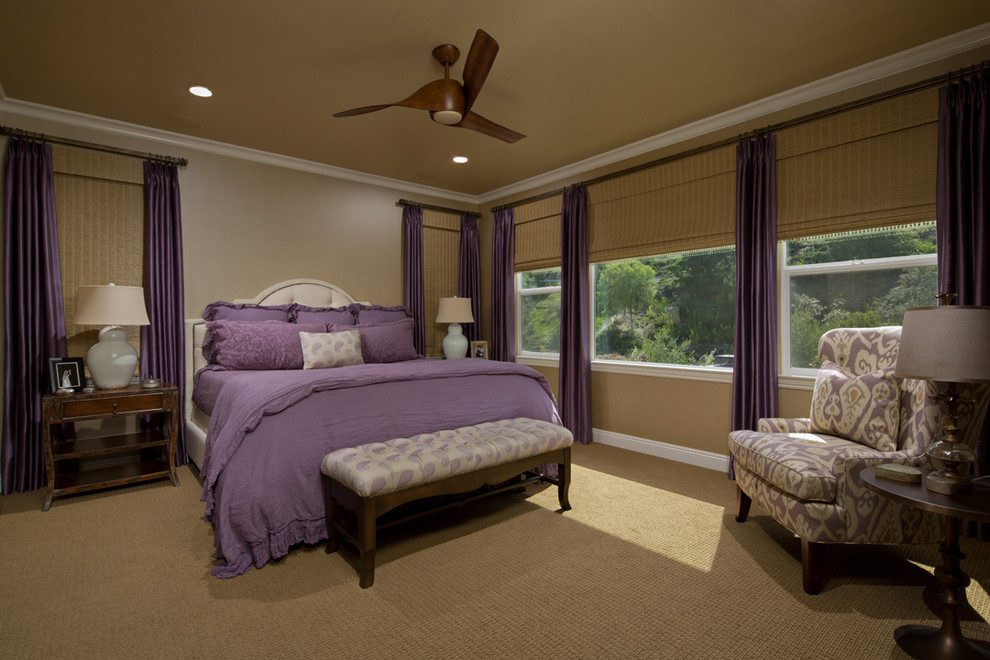 Design ideas for a medium sized classic master bedroom in Orange County with beige walls, carpet and beige floors.