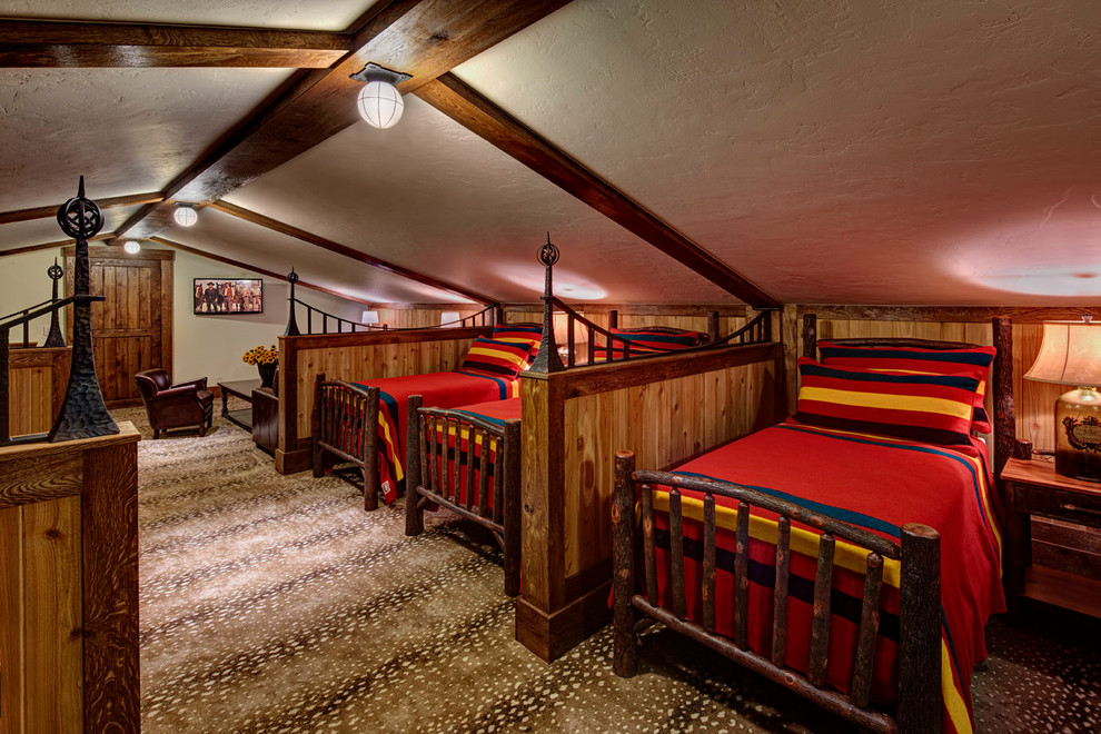 Example of a mountain style guest carpeted bedroom design in San Francisco with no fireplace and white walls
