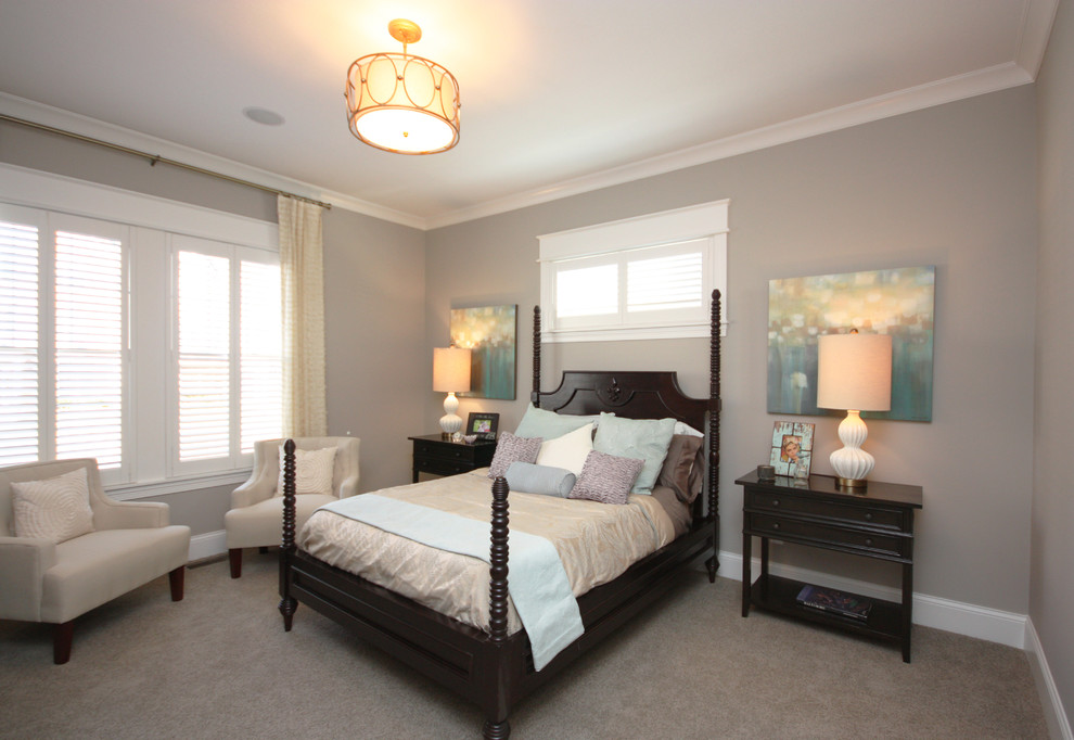 Traditional master bedroom in Indianapolis with grey walls and carpet.