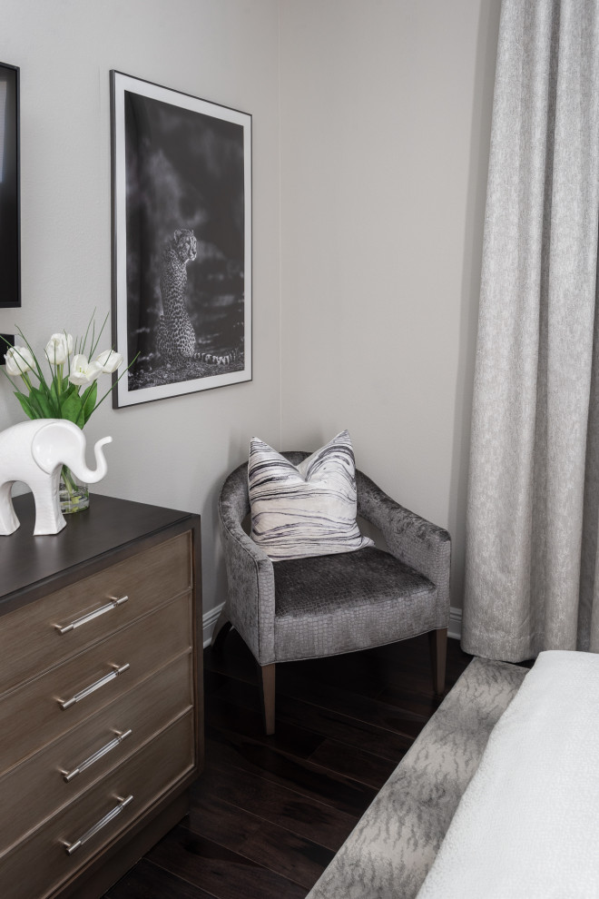 Modelo de habitación de invitados clásica renovada pequeña sin chimenea con paredes grises, suelo de madera oscura y suelo negro