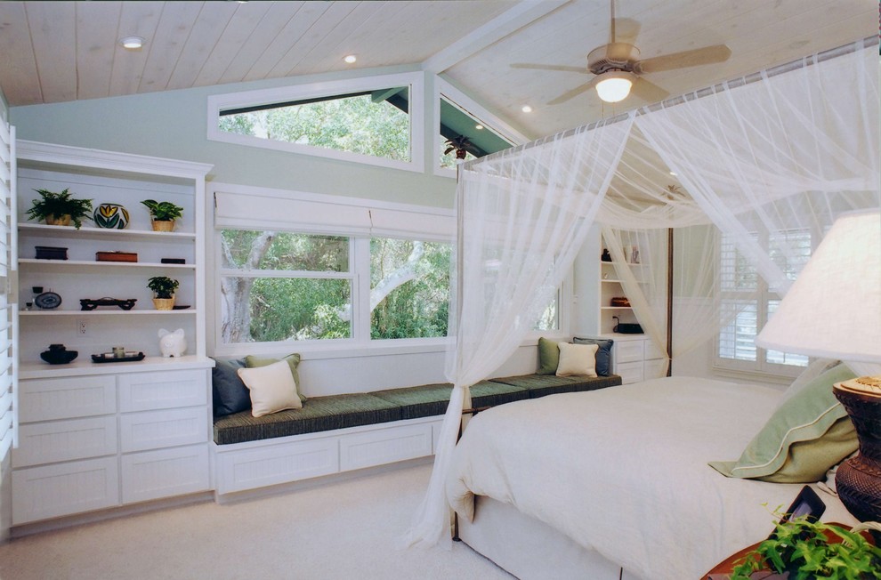 Design ideas for a world-inspired master bedroom in Hawaii with green walls and no fireplace.