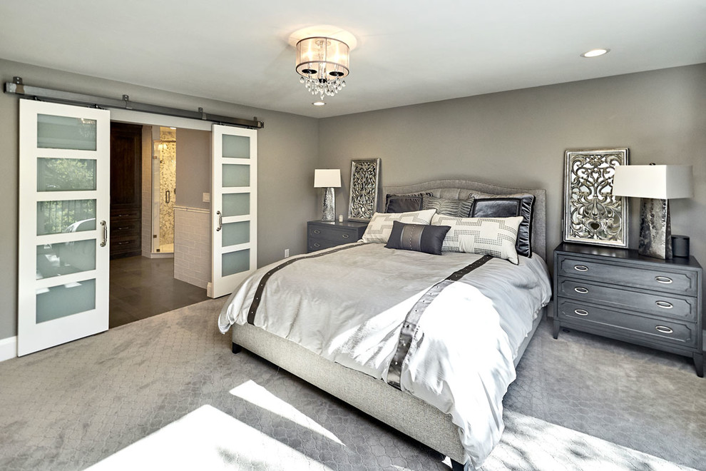 Bedroom - large transitional master carpeted and gray floor bedroom idea in San Francisco with gray walls