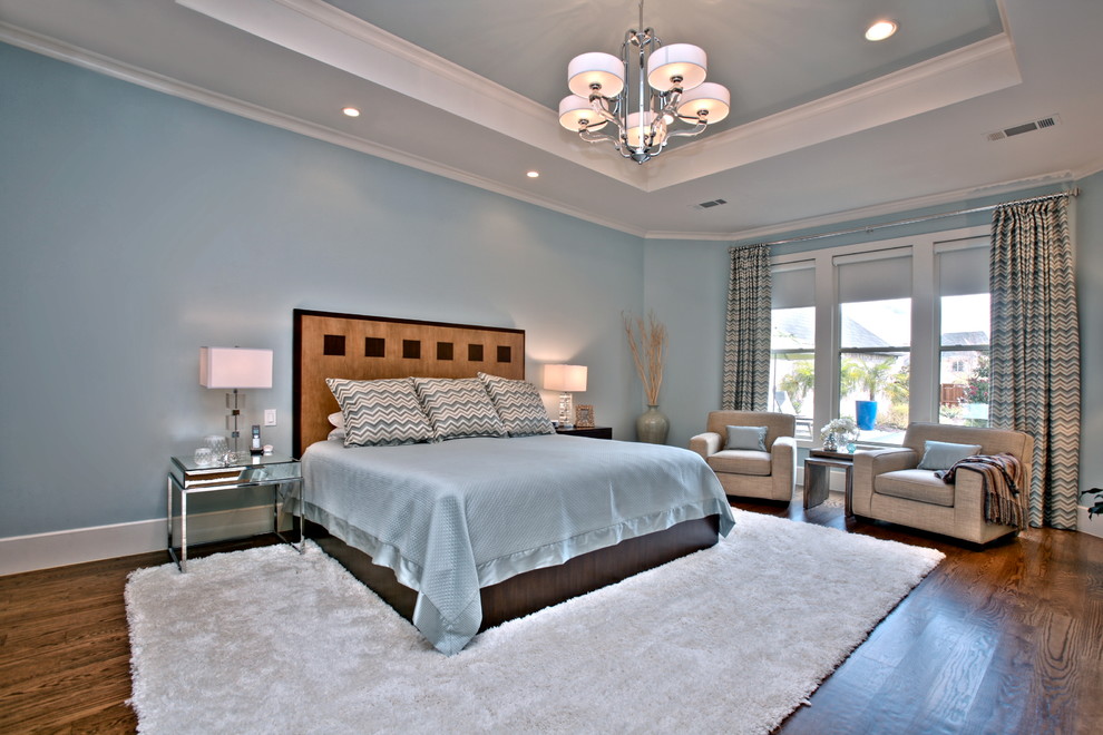 ダラスにあるトランジショナルスタイルのおしゃれな寝室 (青い壁、濃色無垢フローリング) のレイアウト
