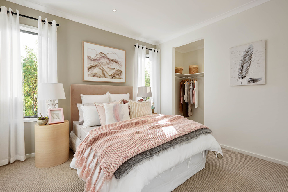 Inspiration for a classic grey and pink bedroom in Melbourne with beige walls and carpet.