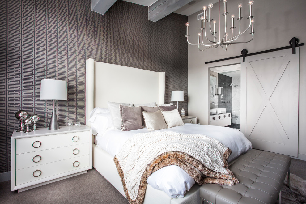 Classic master and grey and silver bedroom in Other with grey walls, carpet and grey floors.