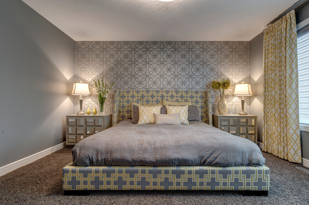 This is an example of a medium sized traditional master and grey and yellow bedroom in Calgary with grey walls and carpet.