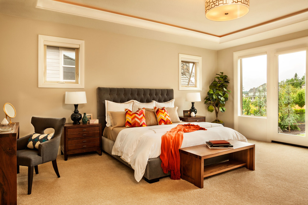 Transitional carpeted bedroom photo in Portland with beige walls