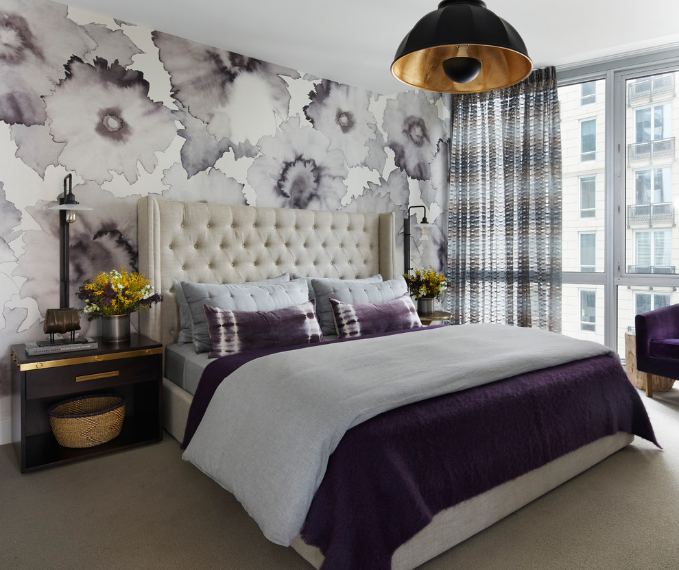 Example of a transitional master carpeted and beige floor bedroom design in Chicago with gray walls