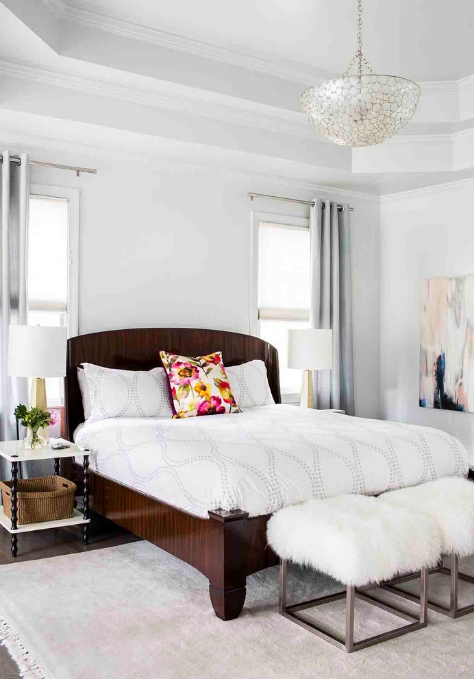 Transitional master dark wood floor bedroom photo in Atlanta with white walls