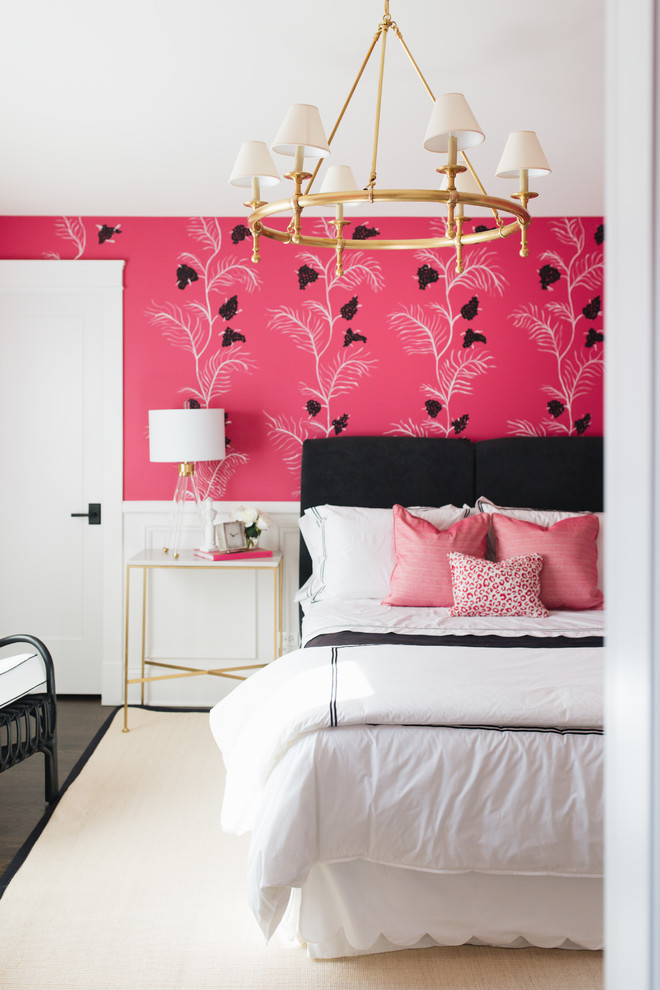 Inspiration for a classic grey and pink bedroom in Chicago with pink walls.