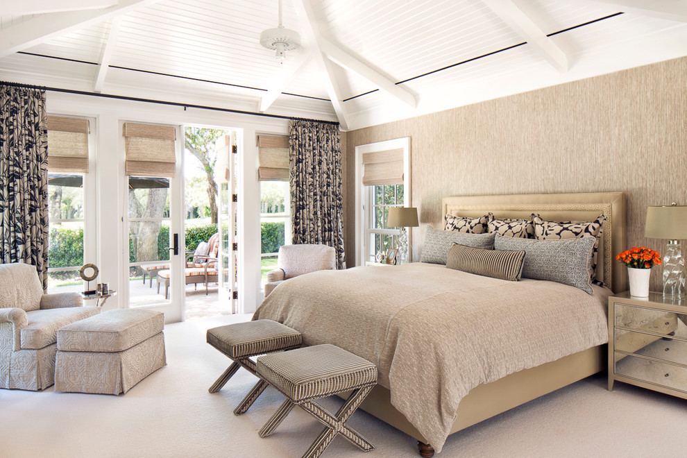 Bedroom - large transitional master carpeted bedroom idea in Miami with beige walls
