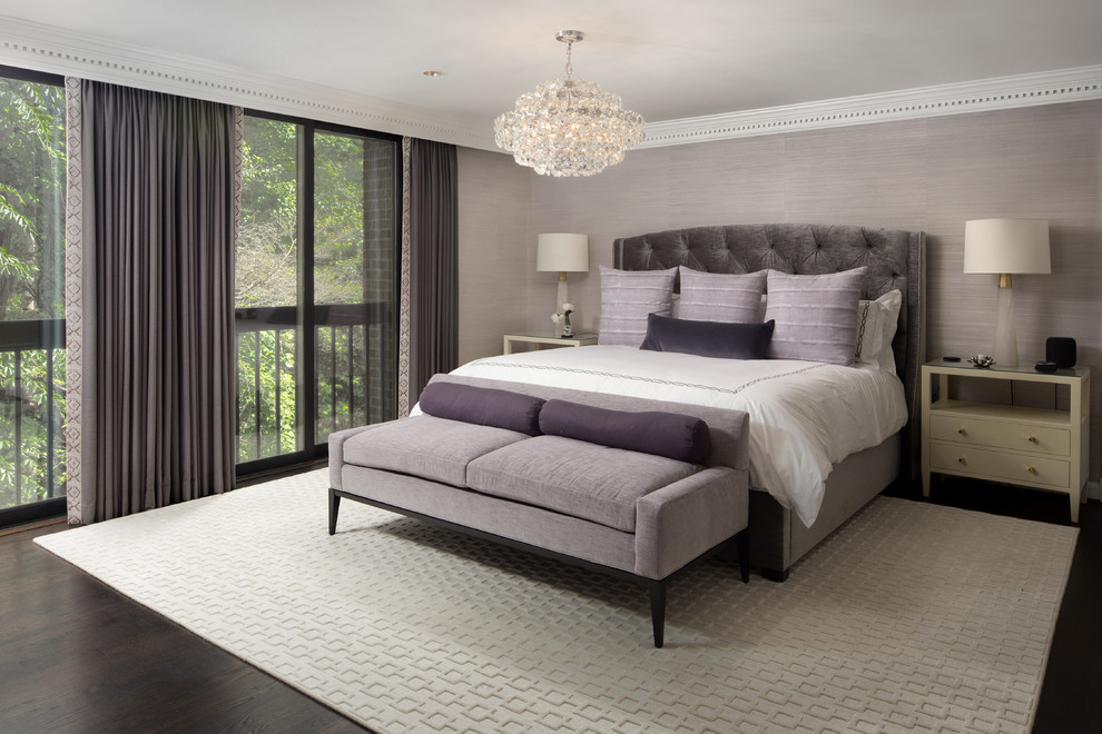 Classic grey and purple bedroom in DC Metro with grey walls, dark hardwood flooring and brown floors.