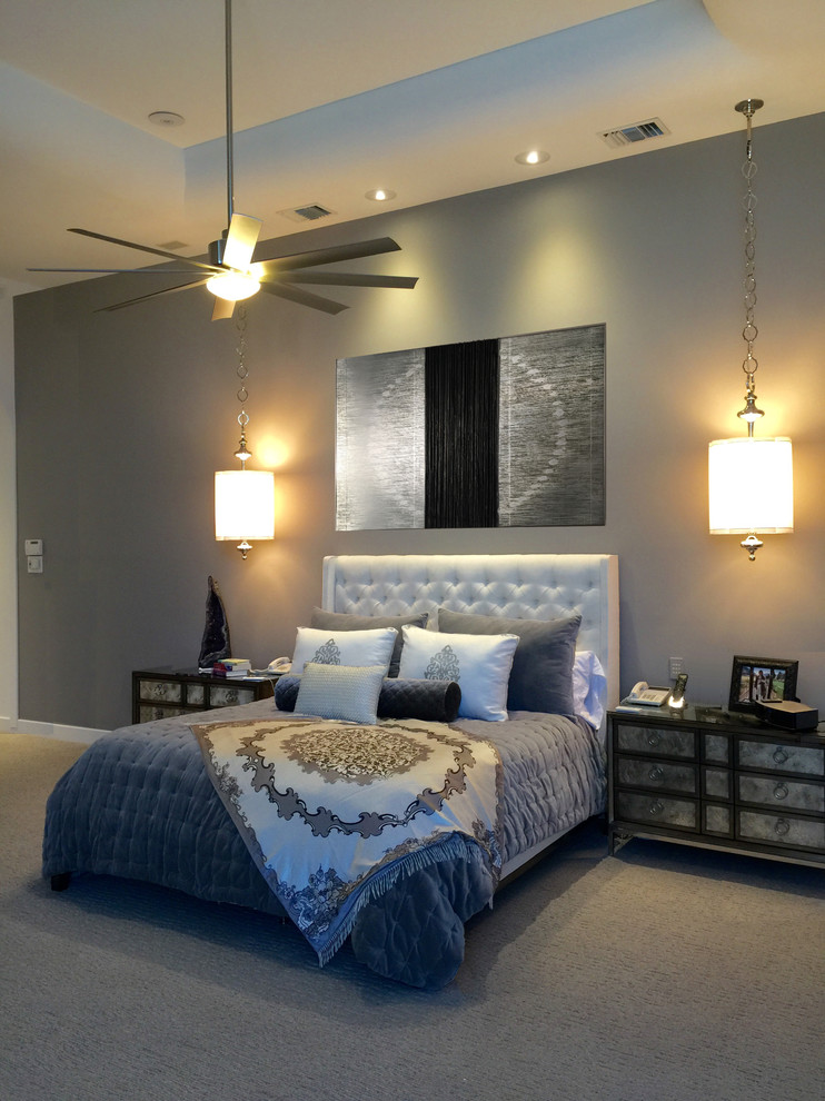 Design ideas for a large classic master bedroom in Miami with grey walls, carpet, no fireplace and grey floors.