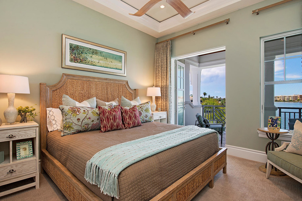 Transitional carpeted bedroom photo in Miami with green walls