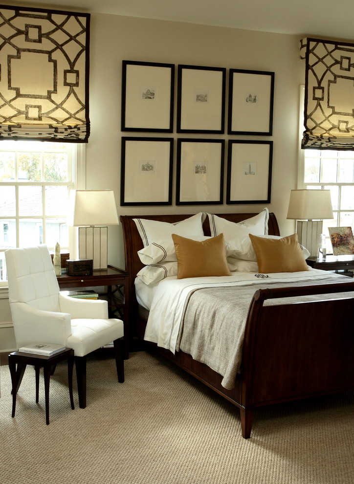Example of a transitional carpeted bedroom design in Atlanta with beige walls and no fireplace