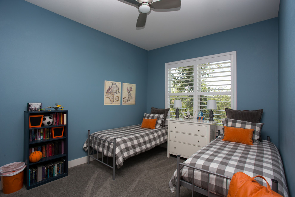 Photo of a medium sized classic guest bedroom in Austin with blue walls, carpet, grey floors and no fireplace.