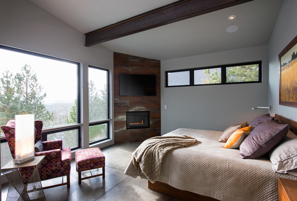 Стильный дизайн: большая хозяйская спальня в современном стиле с серыми стенами, бетонным полом, фасадом камина из металла и угловым камином - последний тренд