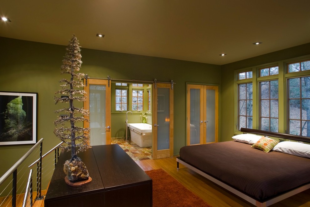 Ejemplo de dormitorio tipo loft contemporáneo con paredes verdes y suelo de madera en tonos medios