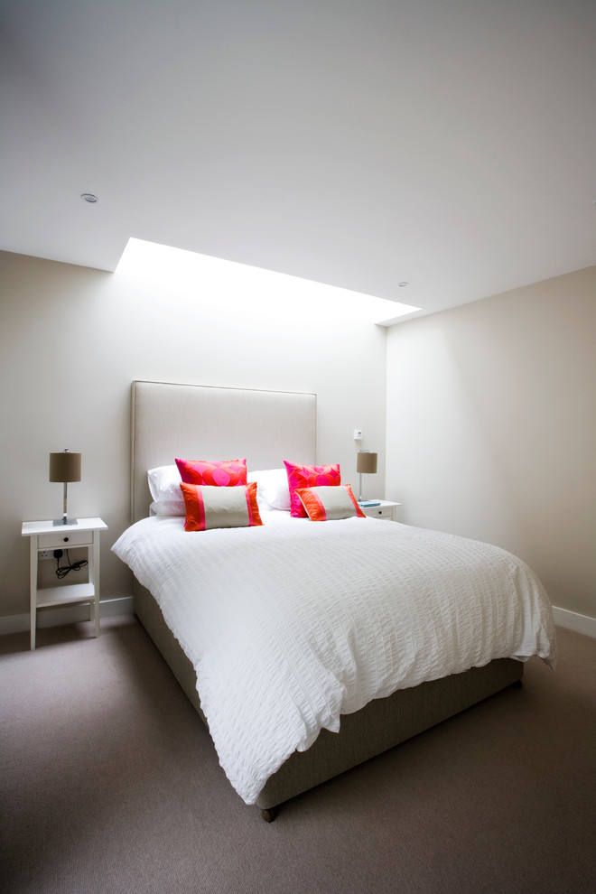 Modernes Schlafzimmer mit weißer Wandfarbe und Teppichboden in Dublin