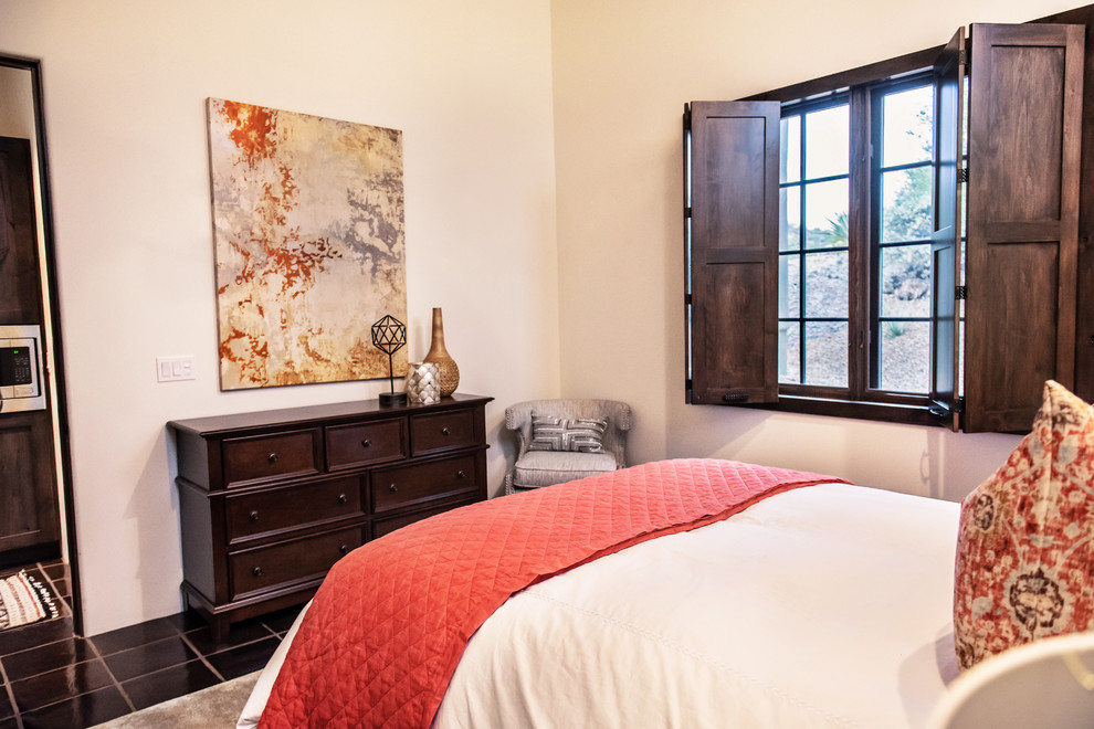 Bedroom - small transitional guest black floor bedroom idea in Phoenix with beige walls