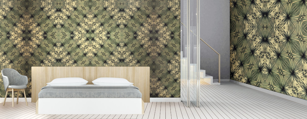 Imagen de habitación de invitados tropical de tamaño medio con paredes verdes, suelo de bambú y suelo blanco