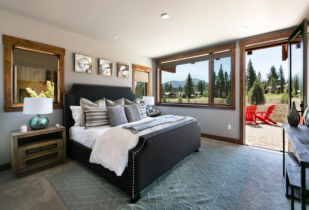 Photo of a large contemporary master bedroom in Sacramento with grey walls, carpet and no fireplace.