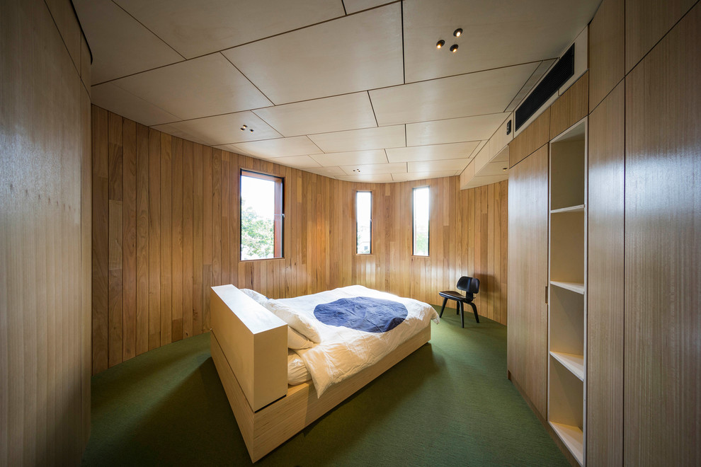 На фото: хозяйская спальня среднего размера в современном стиле с разноцветными стенами, ковровым покрытием и зеленым полом с