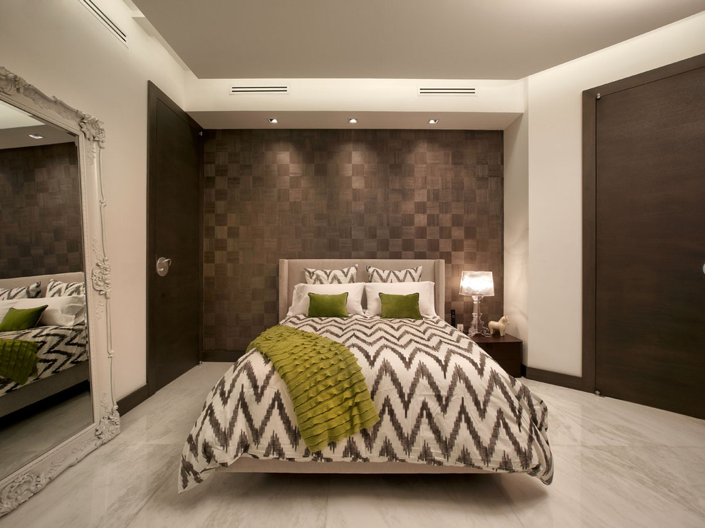 Example of a trendy bedroom design in Miami with brown walls