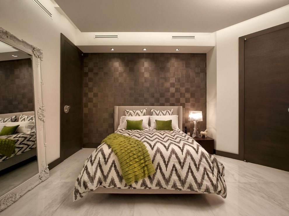 Example of a trendy bedroom design in Miami with brown walls