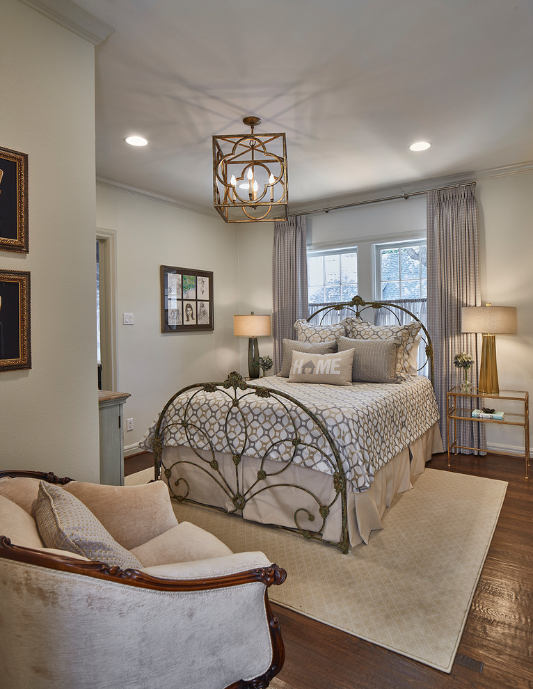 Inspiration for a medium sized classic bedroom with white walls, dark hardwood flooring and brown floors.