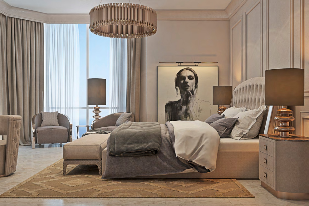 Diseño de habitación de invitados minimalista grande sin chimenea con paredes beige y moqueta