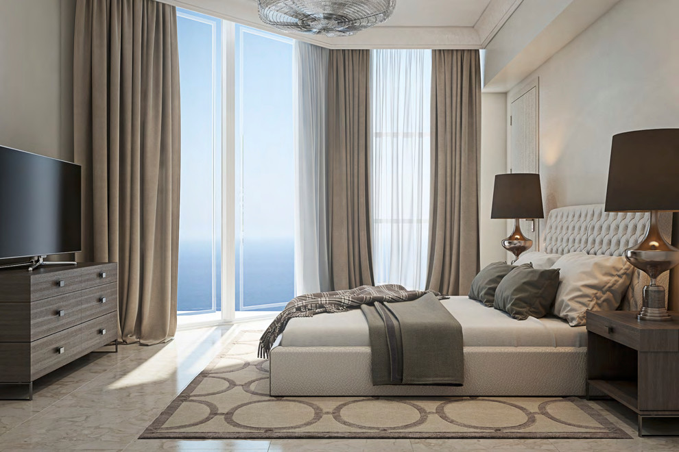 Großes Modernes Gästezimmer ohne Kamin mit beiger Wandfarbe und Teppichboden in Miami