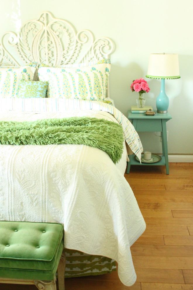 Bedroom - rustic medium tone wood floor bedroom idea in San Francisco with green walls