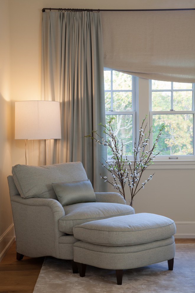 Bedroom - mid-sized transitional master medium tone wood floor bedroom idea in Miami with beige walls and no fireplace