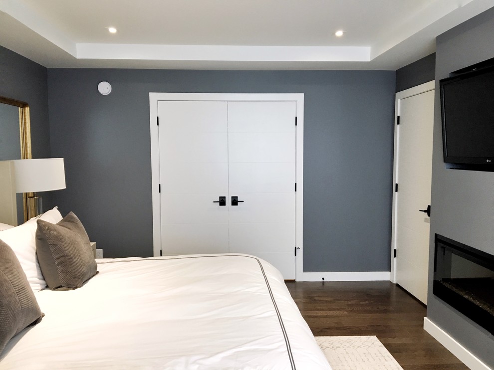 Diseño de dormitorio actual de tamaño medio con paredes azules, suelo de madera en tonos medios y chimenea lineal