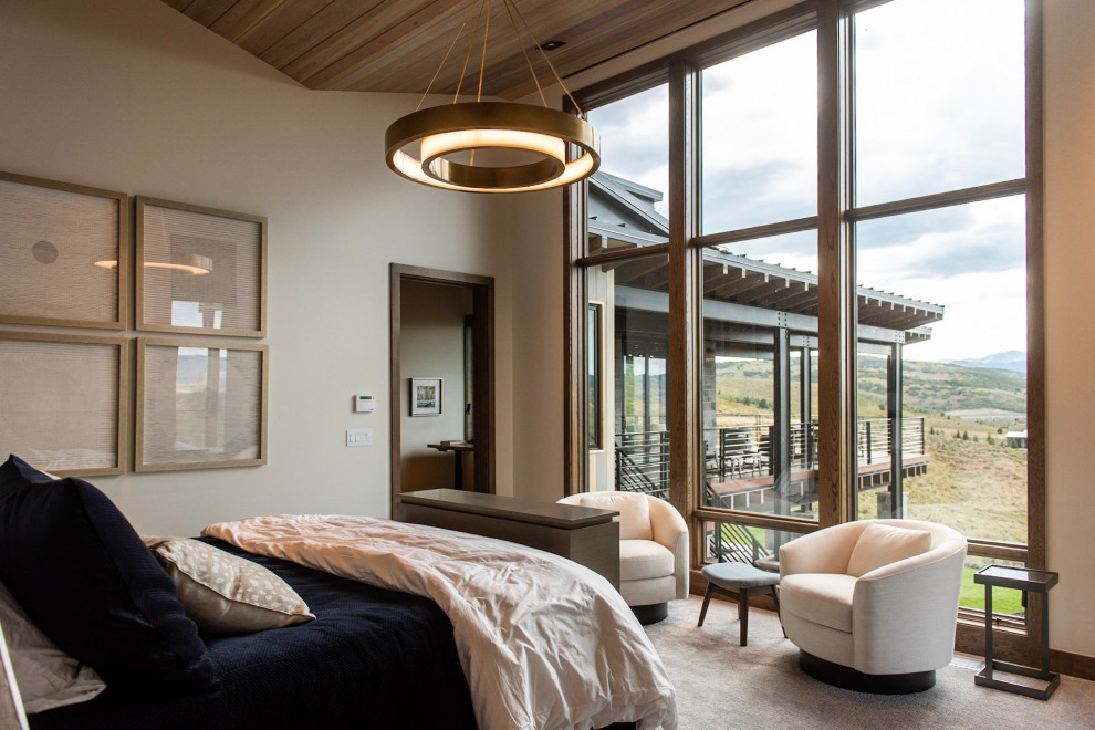 На фото: спальня в современном стиле с бежевыми стенами, ковровым покрытием, серым полом, сводчатым потолком и деревянным потолком