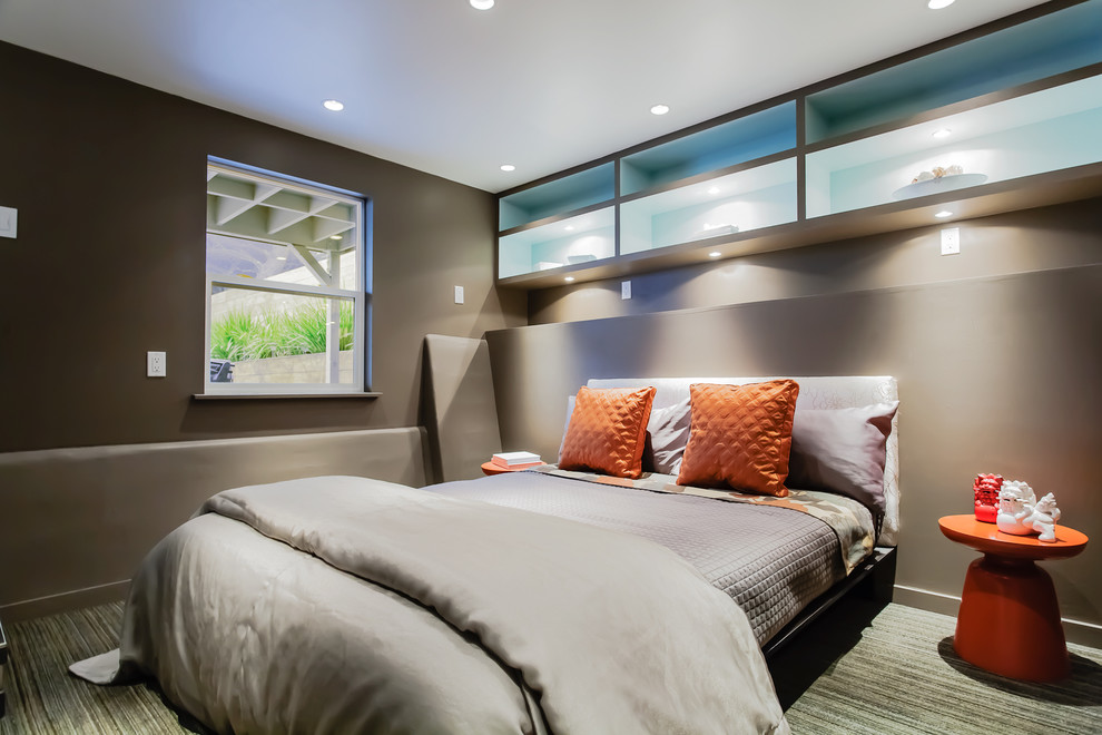 Modern grey and brown bedroom in San Francisco with grey walls.