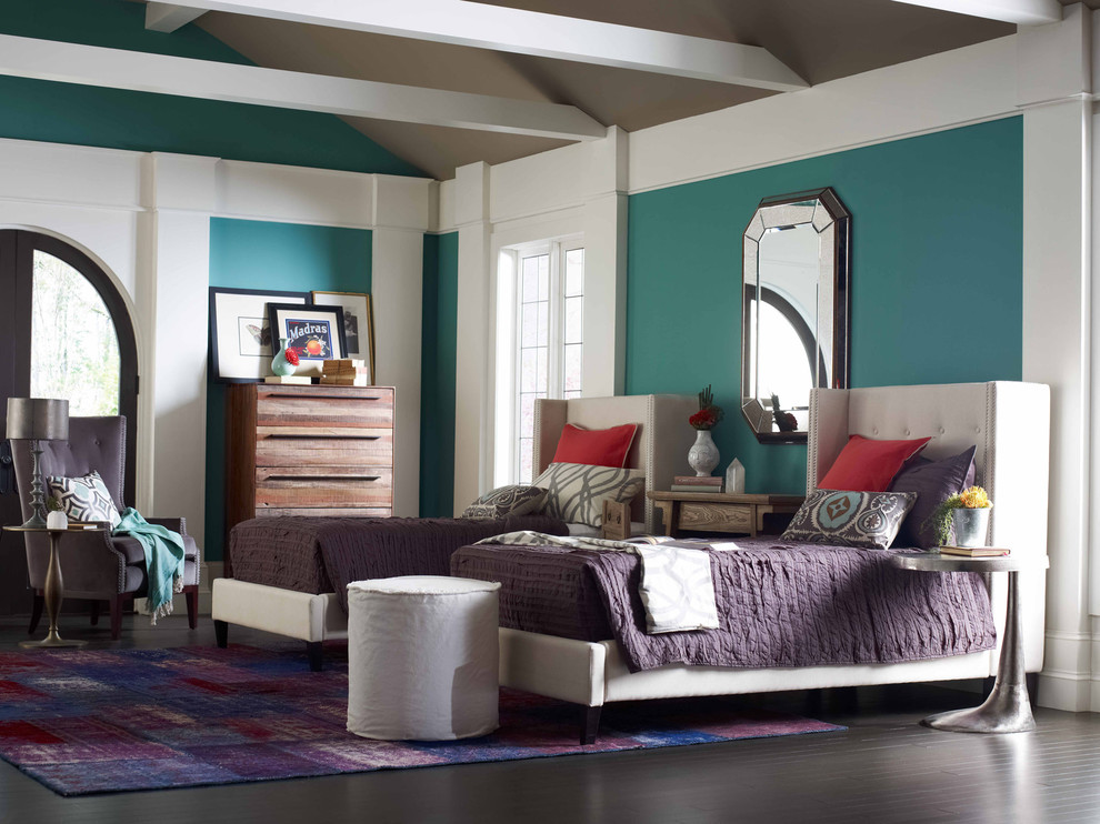 Large eclectic guest dark wood floor bedroom photo in Charlotte with multicolored walls
