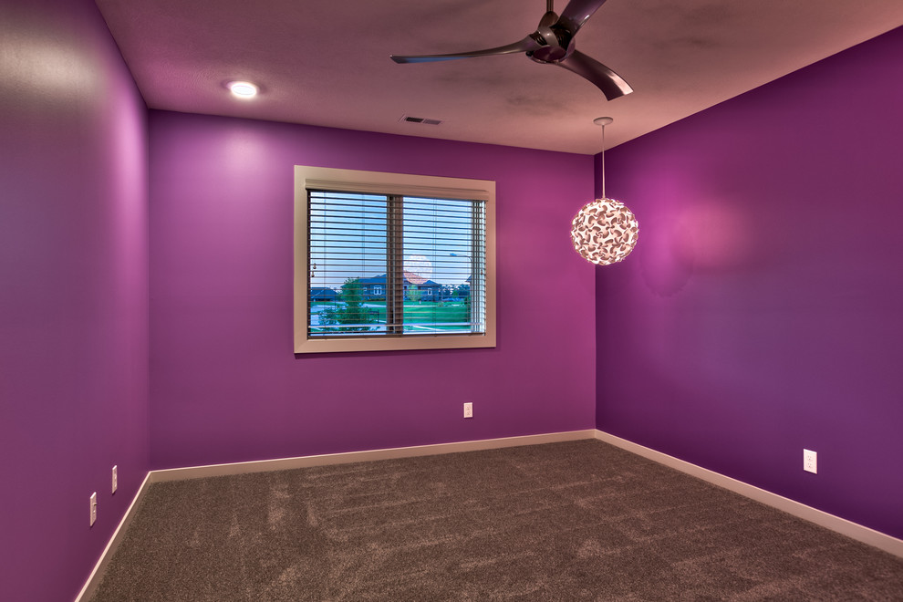 Mittelgroßes Modernes Gästezimmer ohne Kamin mit grauer Wandfarbe und Teppichboden in Omaha