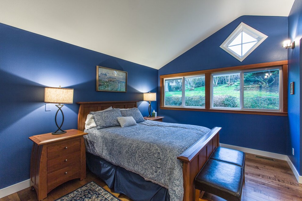 Imagen de dormitorio tradicional de tamaño medio sin chimenea con paredes azules y suelo de madera en tonos medios
