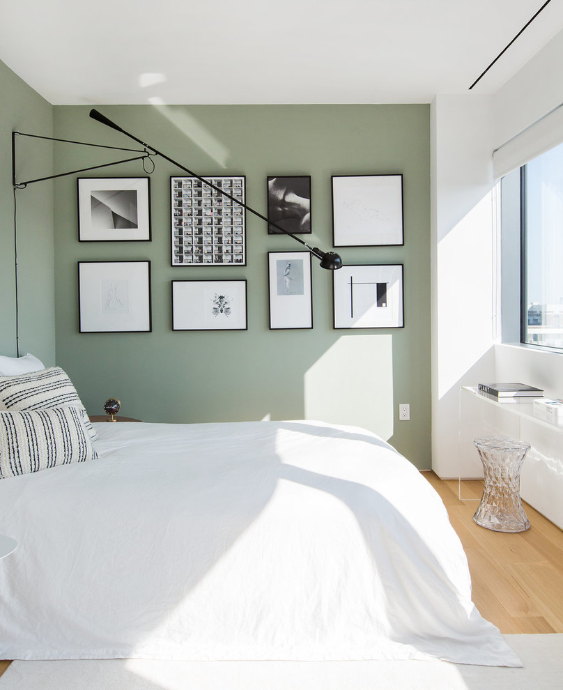 Bedroom - mid-sized contemporary guest light wood floor bedroom idea in New York with green walls and no fireplace